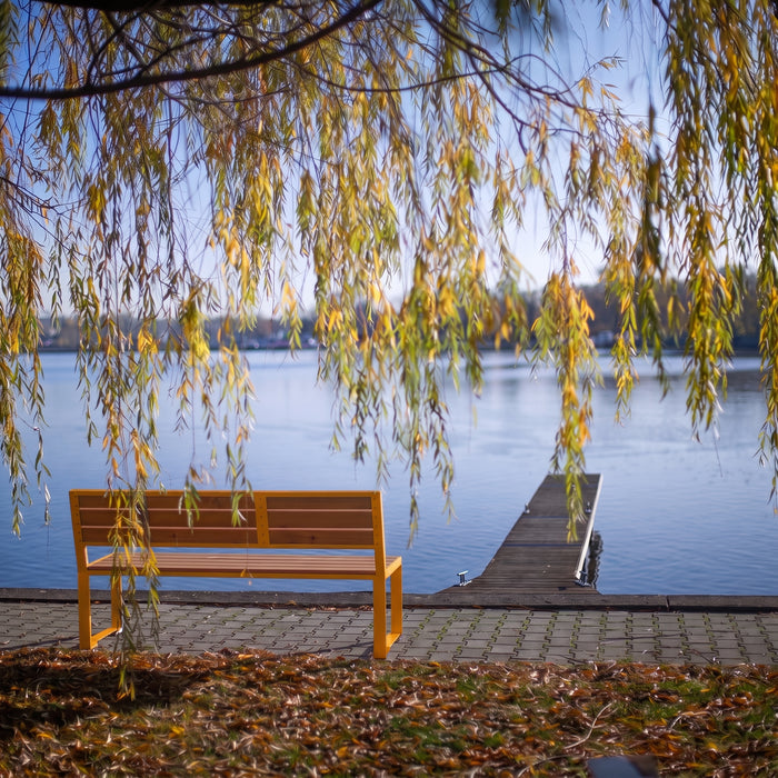 Gewerbefabrik Sitzbank Arnsberg Outdoor Bank Parkbank Holz Gelb RAL 1028 Park
