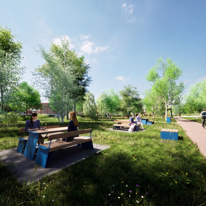 Gewerbefabrik Sitzbank Erlenbach Outdoor Bank Parkbank Holz Blau RAL 5005 Stadt