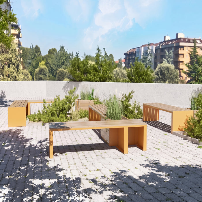 Gewerbefabrik Sitzbank Ottobrunn Outdoor Bank Parkbank Holz Gelb RAL 1028 Stadt