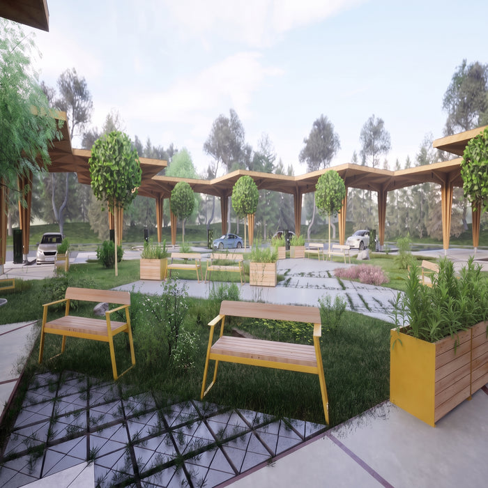 Gewerbefabrik Sitzbank Rottenburg Outdoor Bank Parkbank Holz Gelb RAL 1028 Stadt