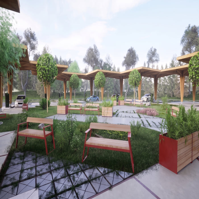 Gewerbefabrik Sitzbank Rottenburg Outdoor Bank Parkbank Holz Rot RAL 3001 Stadt