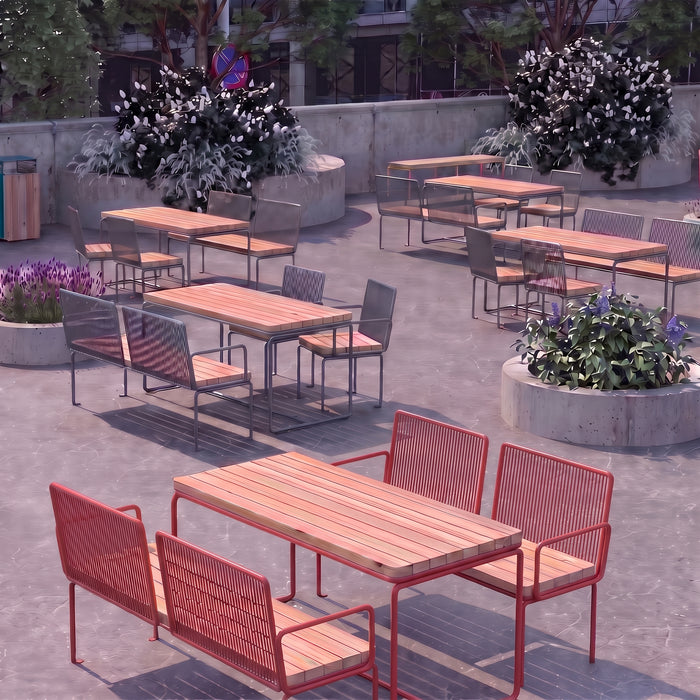 Gewerbefabrik Sitzgruppe Ascheberg Garten Sitz Gruppe Holz Sitzgarnitur Rot RAL 3001 Armlehne Szene