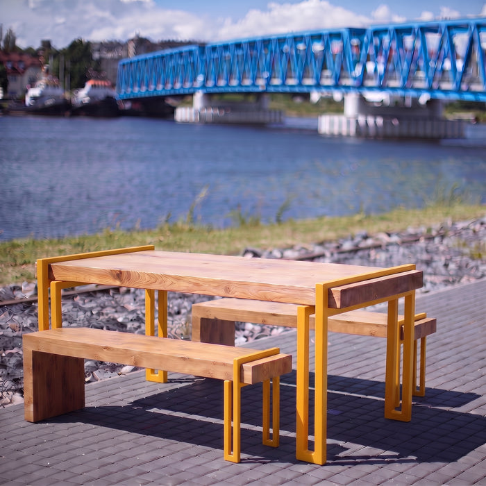 Gewerbefabrik Sitzgruppe Usingen Garten Sitz Gruppe Holz Sitzgarnitur Gelb RAL 1028 Szene