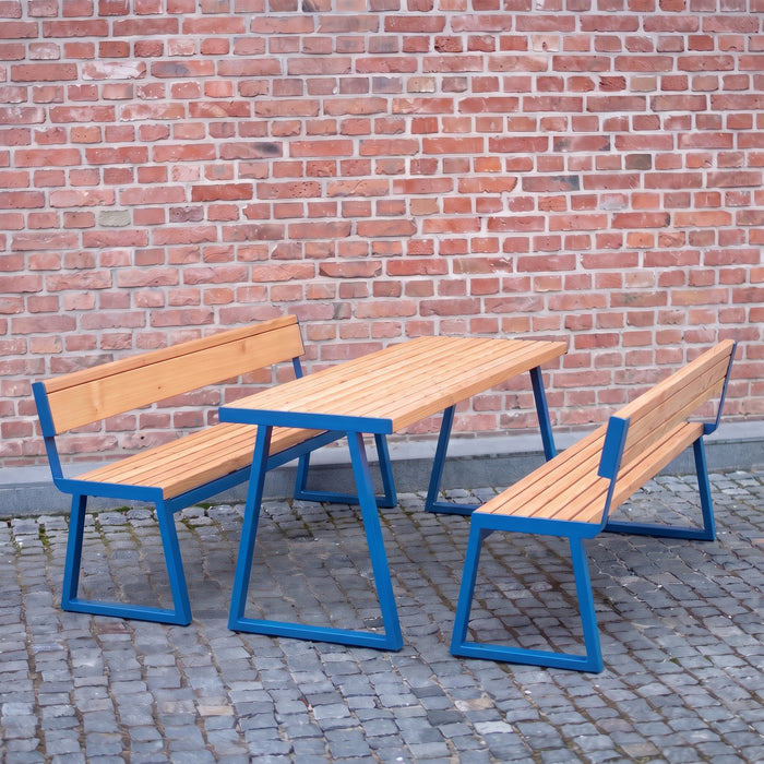 Gewerbefabrik Sitzgruppe Weilerbach Garten Sitz Gruppe Holz Sitzgarnitur Blau RAL 5005 Szene