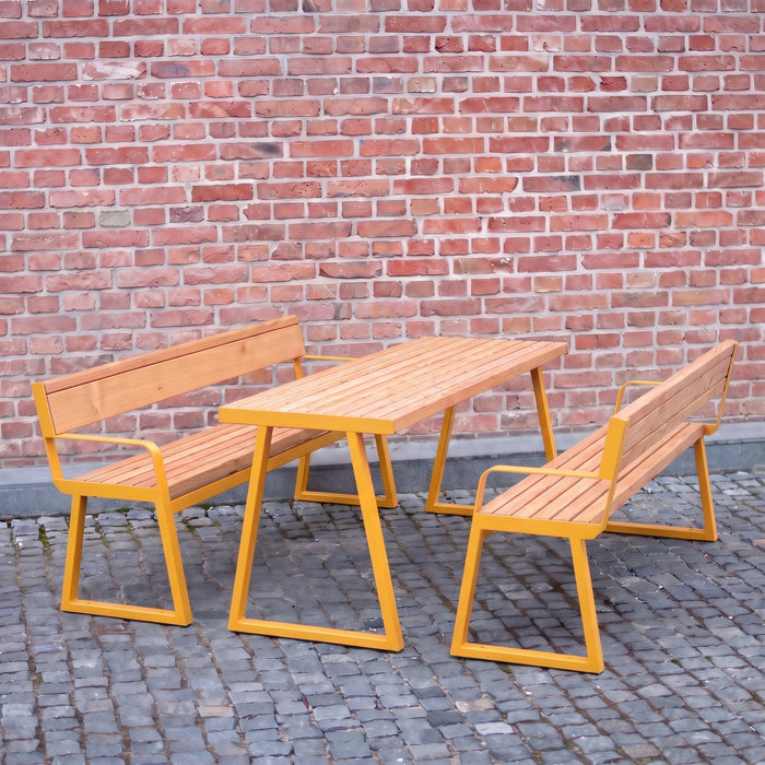 Gewerbefabrik Sitzgruppe Weilerbach Garten Sitz Gruppe Holz Sitzgarnitur Gelb RAL 1028 Armlehne Szene