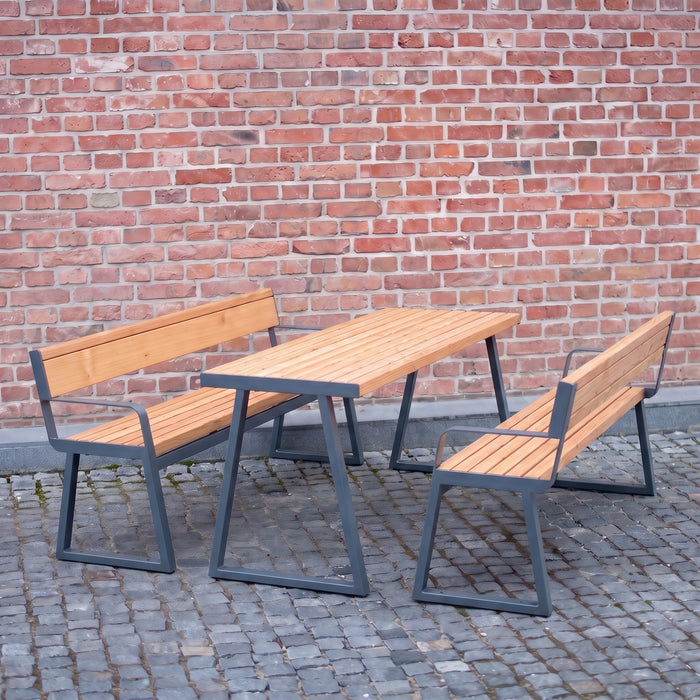 Gewerbefabrik Sitzgruppe Weilerbach Garten Sitz Gruppe Holz Sitzgarnitur Grau RAL 7011 Armlehne Szene