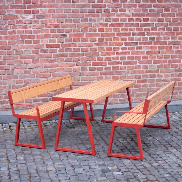 Gewerbefabrik Sitzgruppe Weilerbach Garten Sitz Gruppe Holz Sitzgarnitur Rot RAL 3001 Armlehne Szene