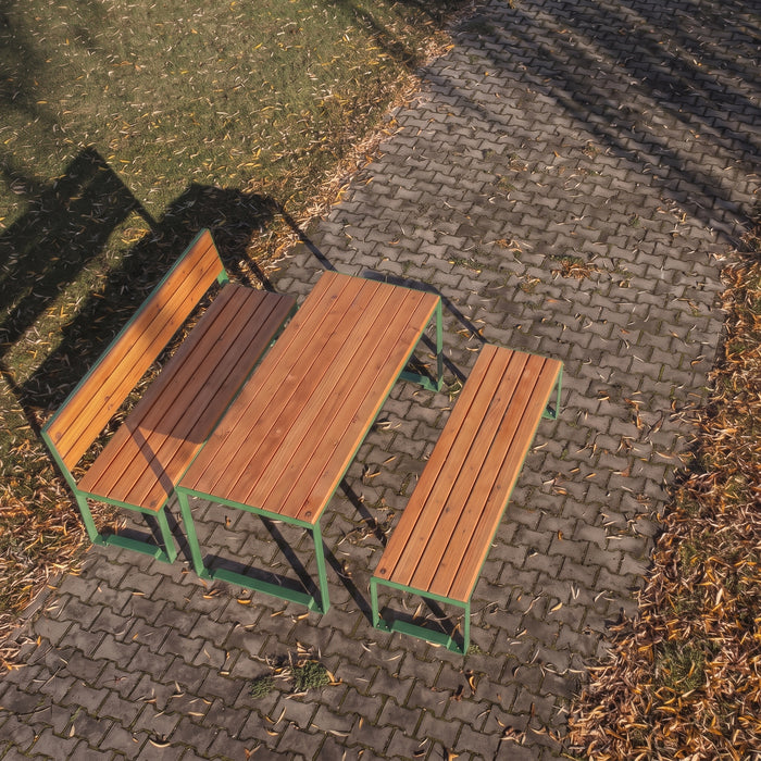 Gewerbefabrik Tisch Arnshausen Holz Outdoor Stadtmobiliar Grün RAL 6018 Szene