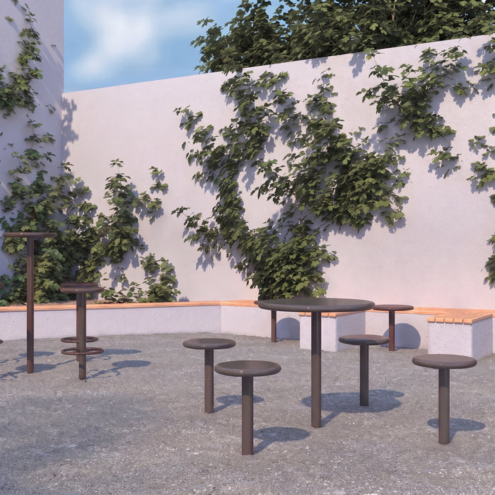 Gewerbefabrik Tisch Eichstedt Stahl Outdoor Stadtmobiliar Grau RAL 7011 Szene