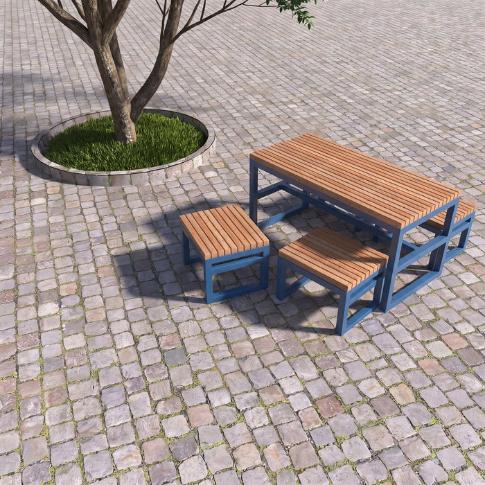 Gewerbefabrik Tisch Eppenberg Holz Outdoor Stadtmobiliar Blau RAL 5005 Sitzgruppe