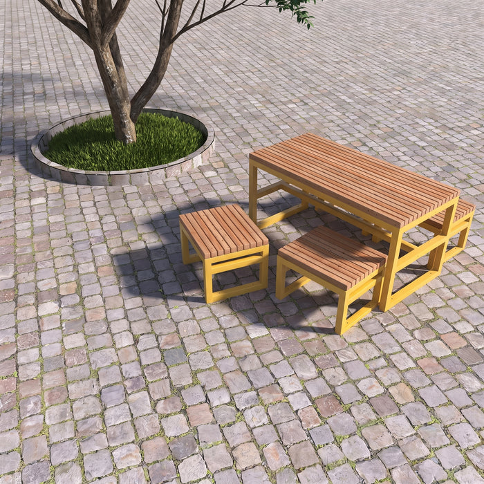 Gewerbefabrik Tisch Eppenberg Holz Outdoor Stadtmobiliar Gelb RAL 1028 Sitzgruppe
