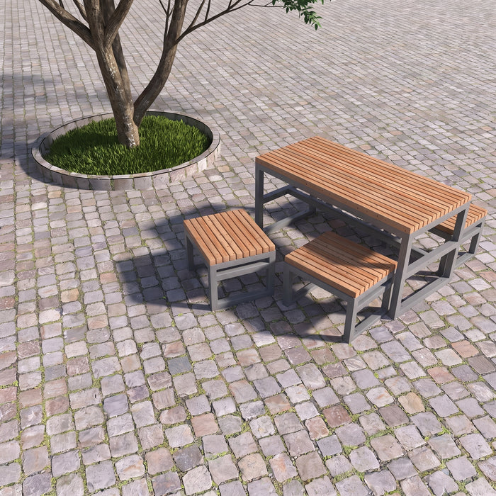 Gewerbefabrik Tisch Eppenberg Holz Outdoor Stadtmobiliar Grau RAL 7011 Sitzgruppe