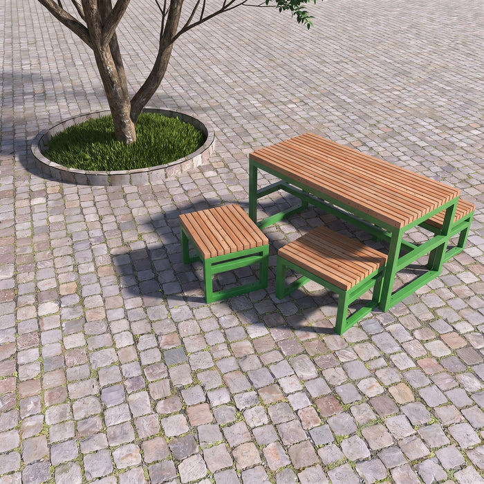 Gewerbefabrik Tisch Eppenberg Holz Outdoor Stadtmobiliar Grün RAL 6018 Sitzgruppe