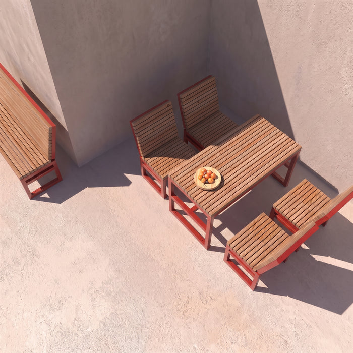 Gewerbefabrik Tisch Eppenberg Holz Outdoor Stadtmobiliar Rot RAL 3001 Szene