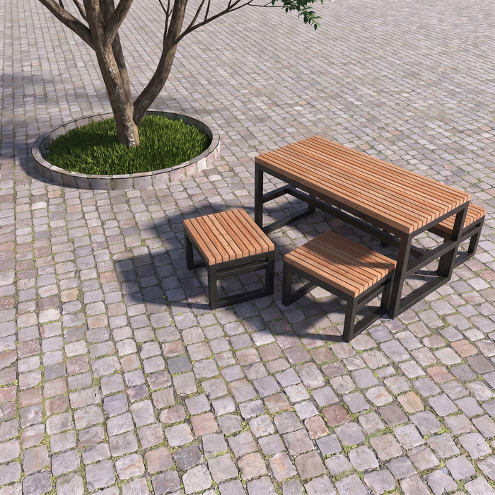 Gewerbefabrik Tisch Eppenberg Holz Outdoor Stadtmobiliar Schwarz RAL 9017 Sitzgruppe
