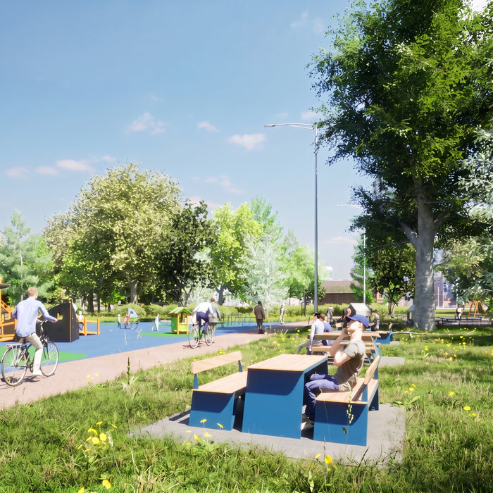 Gewerbefabrik Tisch Erlenmoos Holz Outdoor Stadtmobiliar Blau RAL 5005 Szene