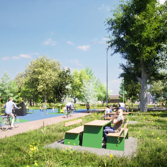 Gewerbefabrik Tisch Erlenmoos Holz Outdoor Stadtmobiliar Grün RAL 6018 Szene