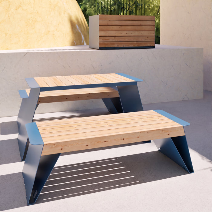 Gewerbefabrik Tisch Erlstedt Holz Outdoor Stadtmobiliar Blau RAL 5005 Sitzgruppe