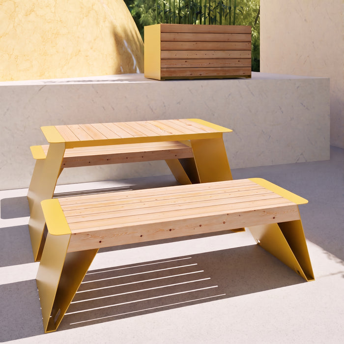 Gewerbefabrik Tisch Erlstedt Holz Outdoor Stadtmobiliar Gelb RAL 1028 Sitzgruppe