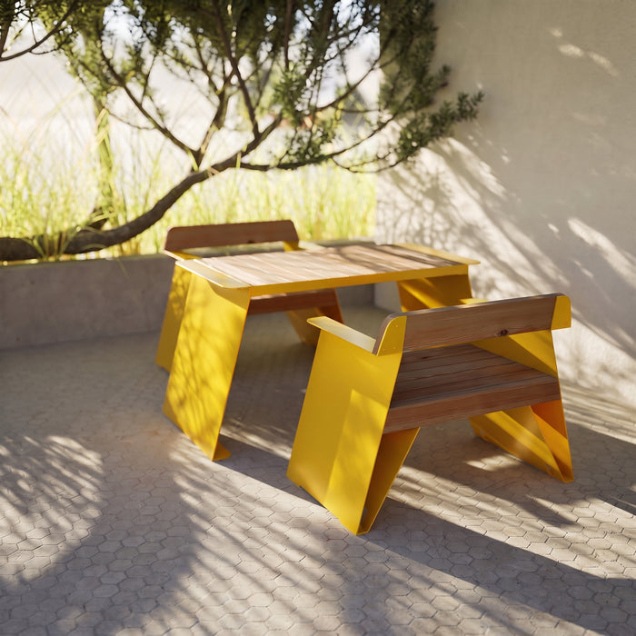 Gewerbefabrik Tisch Erlstedt Holz Outdoor Stadtmobiliar Gelb RAL 1028 Szene