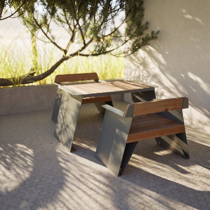 Gewerbefabrik Tisch Erlstedt Holz Outdoor Stadtmobiliar Grau RAL 7011 Szene