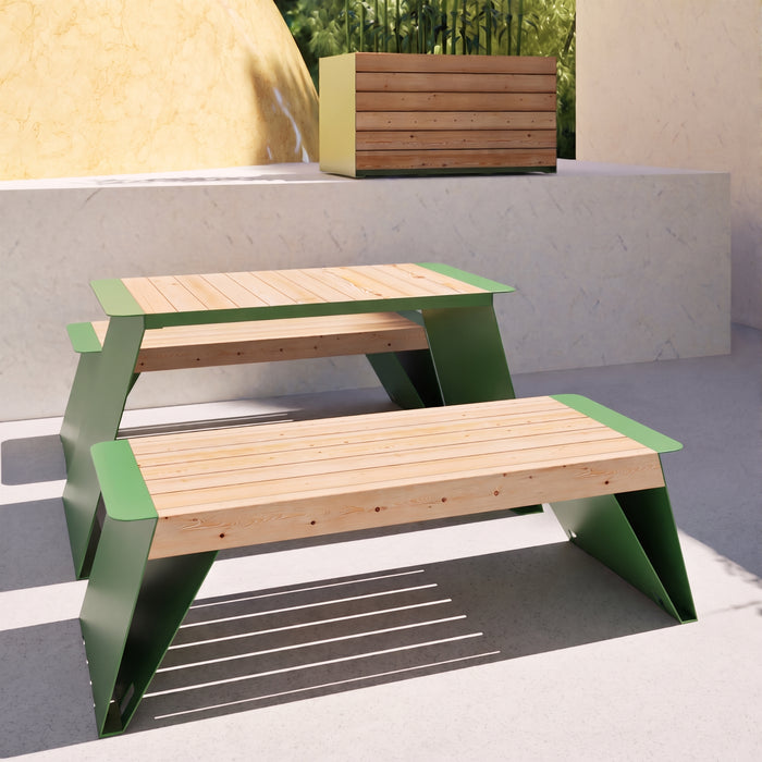 Gewerbefabrik Tisch Erlstedt Holz Outdoor Stadtmobiliar Grün RAL 6018 Sitzgruppe