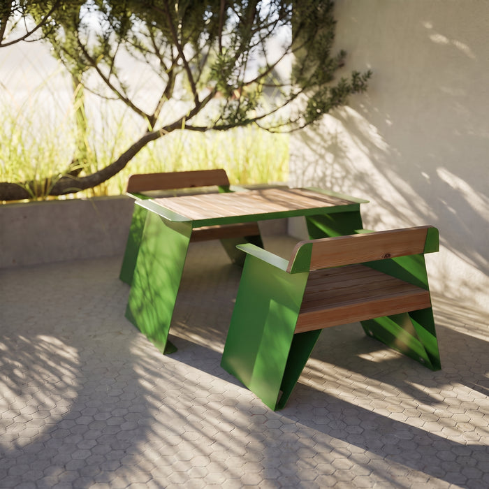 Gewerbefabrik Tisch Erlstedt Holz Outdoor Stadtmobiliar Grün RAL 6018 Szene
