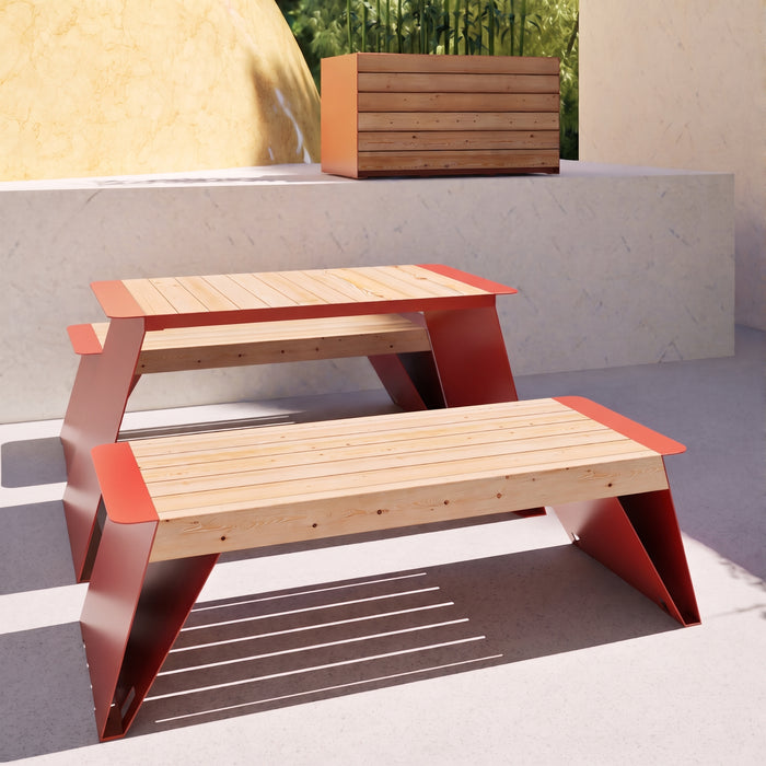 Gewerbefabrik Tisch Erlstedt Holz Outdoor Stadtmobiliar Rot RAL 3001 Sitzgruppe