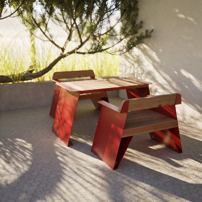 Gewerbefabrik Tisch Erlstedt Holz Outdoor Stadtmobiliar Rot RAL 3001 Szene