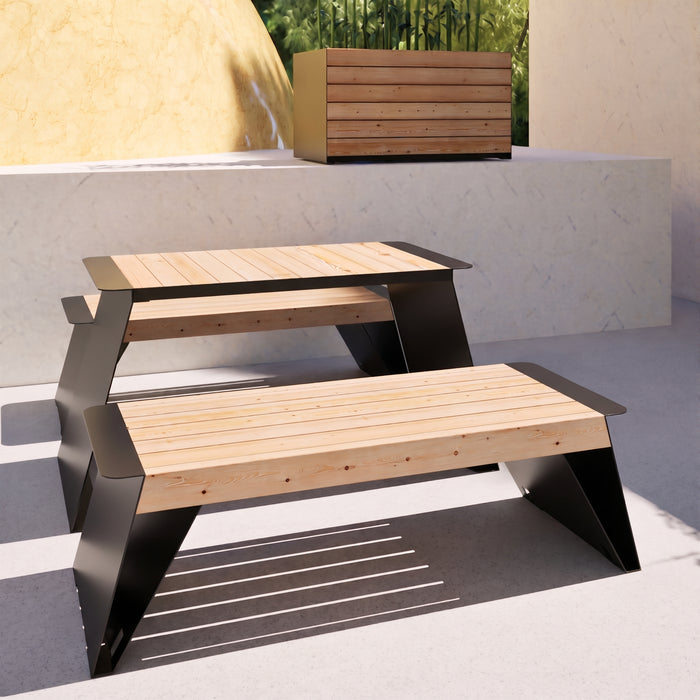 Gewerbefabrik Tisch Erlstedt Holz Outdoor Stadtmobiliar Schwarz RAL 9017 Sitzgruppe