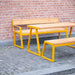 Gewerbefabrik Tisch Kirsbach Holz Outdoor Stadtmobiliar Gelb RAL 1028 Sitzgruppe