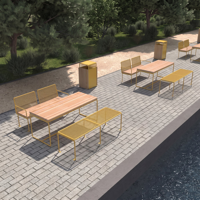 Gewerbefabrik Tisch Lengenwang Holz Outdoor Stadtmobiliar Gelb RAL 1028 Sitzgruppe