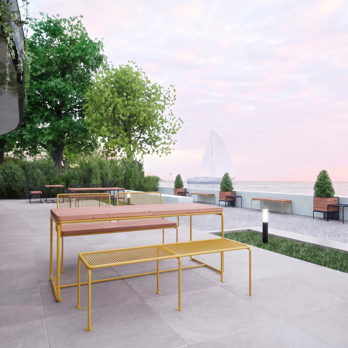 Gewerbefabrik Tisch Lengenwang Holz Outdoor Stadtmobiliar Gelb RAL 1028 Szene