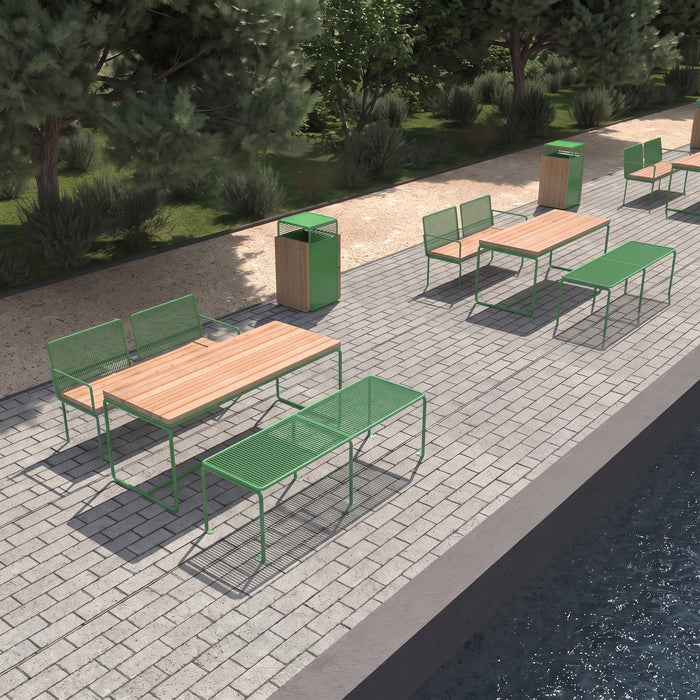 Gewerbefabrik Tisch Lengenwang Holz Outdoor Stadtmobiliar Grün RAL 6018 Sitzgruppe