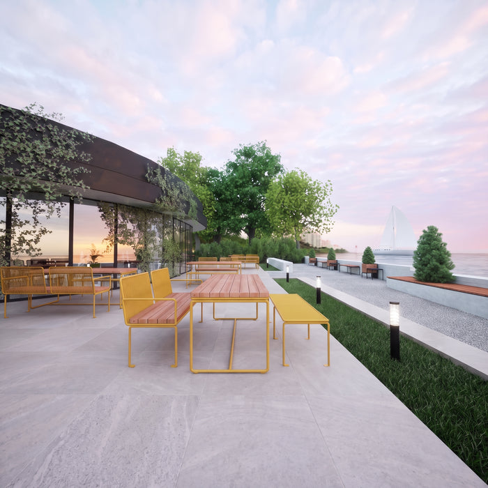 Gewerbefabrik Tisch Lenglern Holz Outdoor Stadtmobiliar Gelb RAL 1028 Sitzgruppe