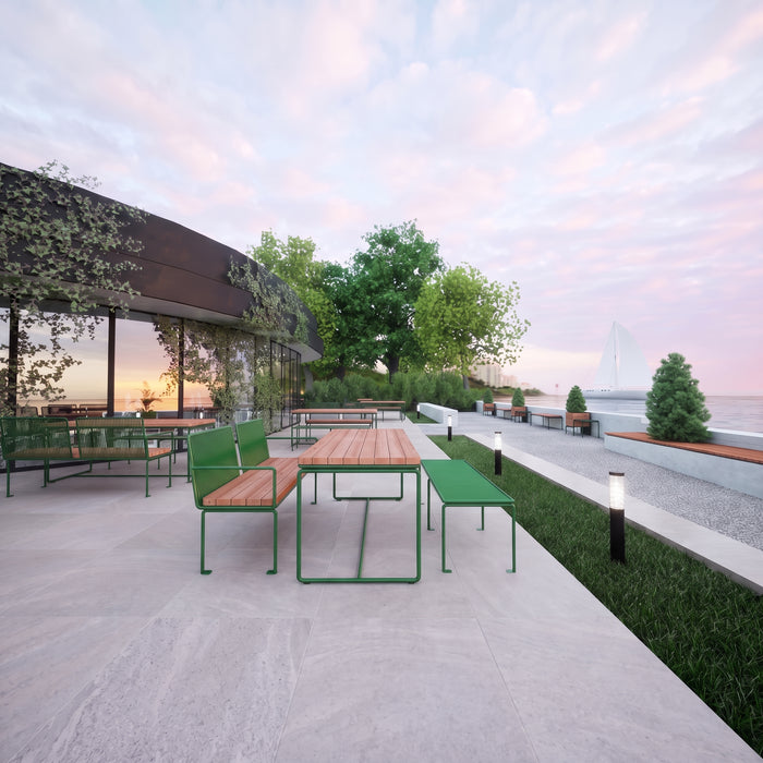 Gewerbefabrik Tisch Lenglern Holz Outdoor Stadtmobiliar Grün RAL 6018 Sitzgruppe