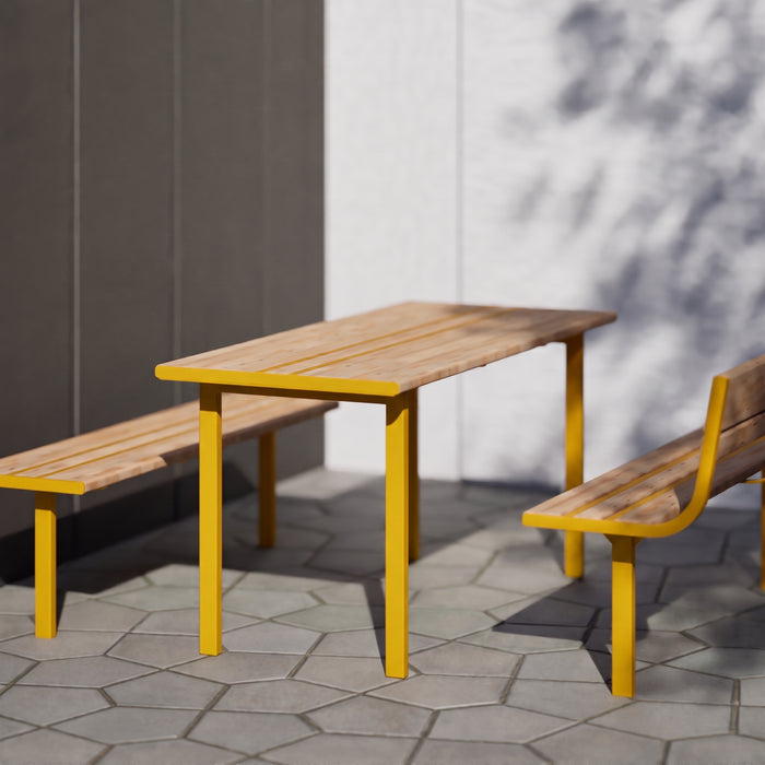 Gewerbefabrik Tisch Neubeckum Outdoor Stadtmobiliar Gelb RAL 1028 Sitzgruppe