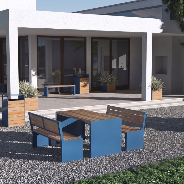 Gewerbefabrik Tisch Otting Holz Outdoor Stadtmobiliar Blau RAL 5005 Sitzgruppe