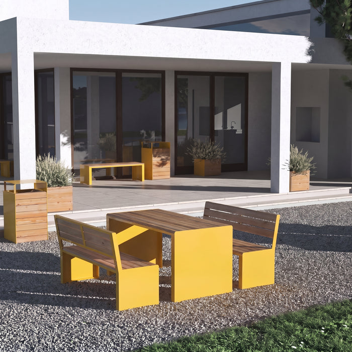 Gewerbefabrik Tisch Otting Holz Outdoor Stadtmobiliar Gelb RAL 1028 Sitzgruppe