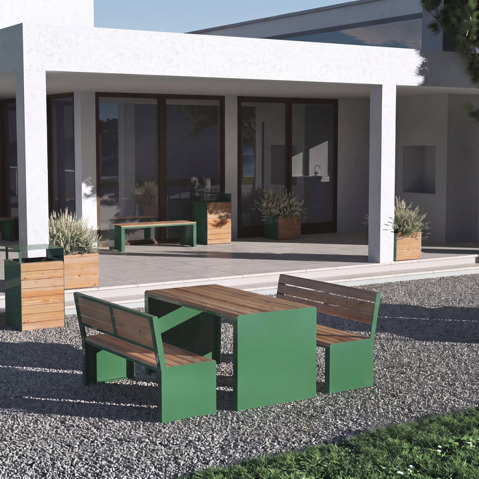 Gewerbefabrik Tisch Otting Holz Outdoor Stadtmobiliar Grün RAL 6018 Sitzgruppe