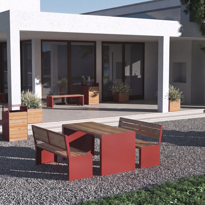 Gewerbefabrik Tisch Otting Holz Outdoor Stadtmobiliar Rot RAL 3001 Sitzgruppe