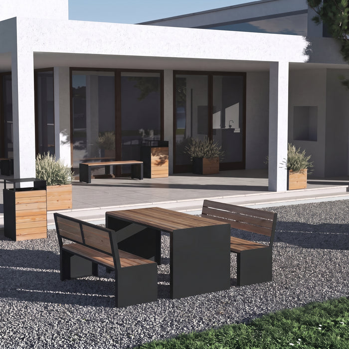 Gewerbefabrik Tisch Otting Holz Outdoor Stadtmobiliar Schwarz RAL 9017 Sitzgruppe