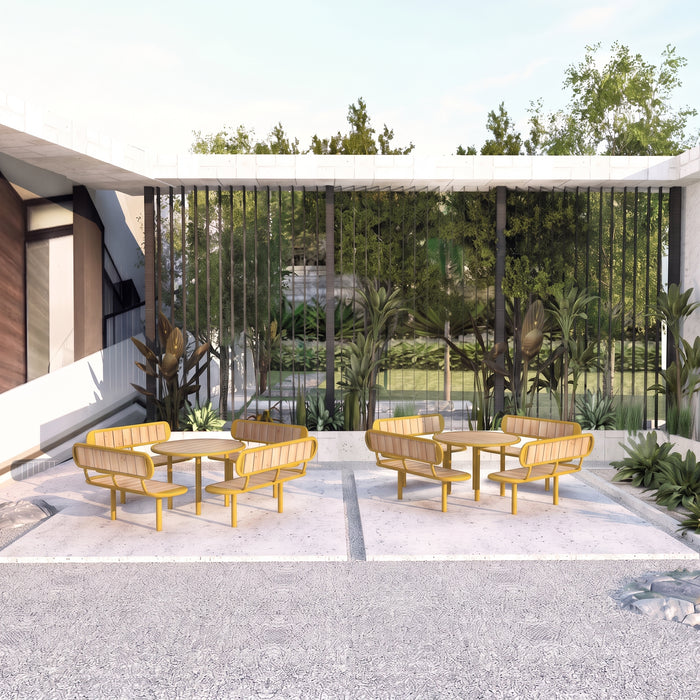 Gewerbefabrik Tisch Rodenberg Holz Outdoor Stadtmobiliar Gelb RAL 1028 Sitzgruppe