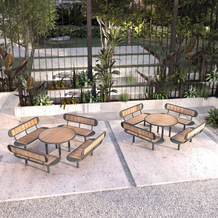 Gewerbefabrik Tisch Rodenberg Holz Outdoor Stadtmobiliar Grau RAL 7011 Szene