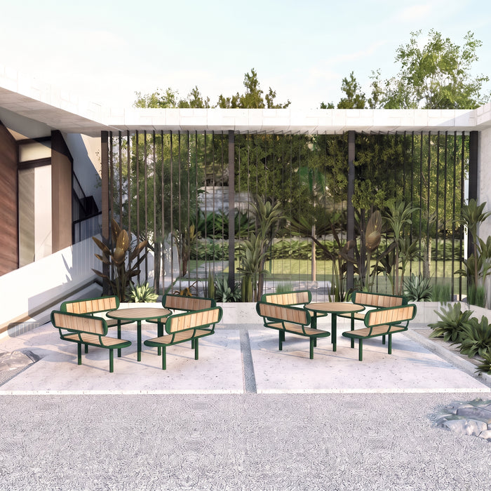 Gewerbefabrik Tisch Rodenberg Holz Outdoor Stadtmobiliar Grün RAL 6018 Sitzgruppe