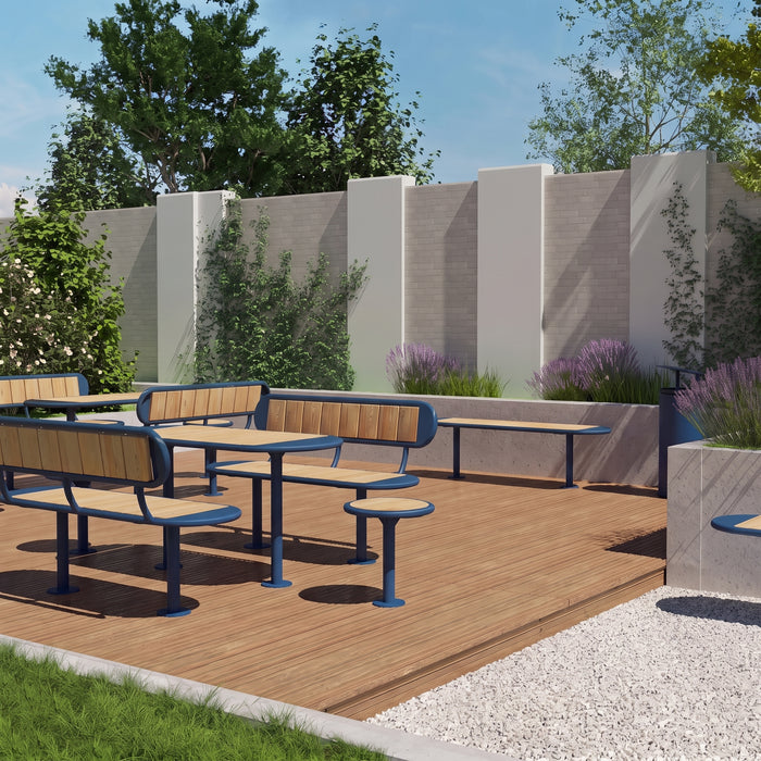 Gewerbefabrik Tisch Roderath Holz Outdoor Stadtmobiliar Blau RAL 5005 Sitzgruppe