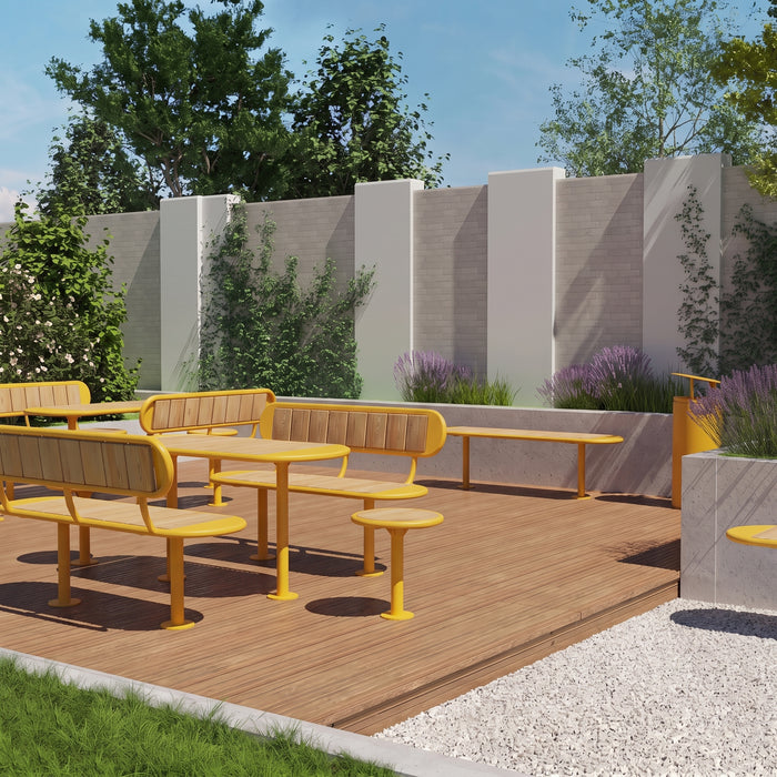 Gewerbefabrik Tisch Roderath Holz Outdoor Stadtmobiliar Gelb RAL 1028 Sitzgruppe