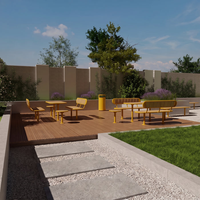 Gewerbefabrik Tisch Roderath Holz Outdoor Stadtmobiliar Gelb RAL 1028 Szene