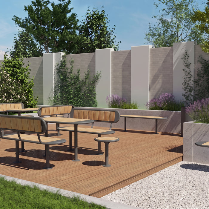 Gewerbefabrik Tisch Roderath Holz Outdoor Stadtmobiliar Grau RAL 7011 Sitzgruppe