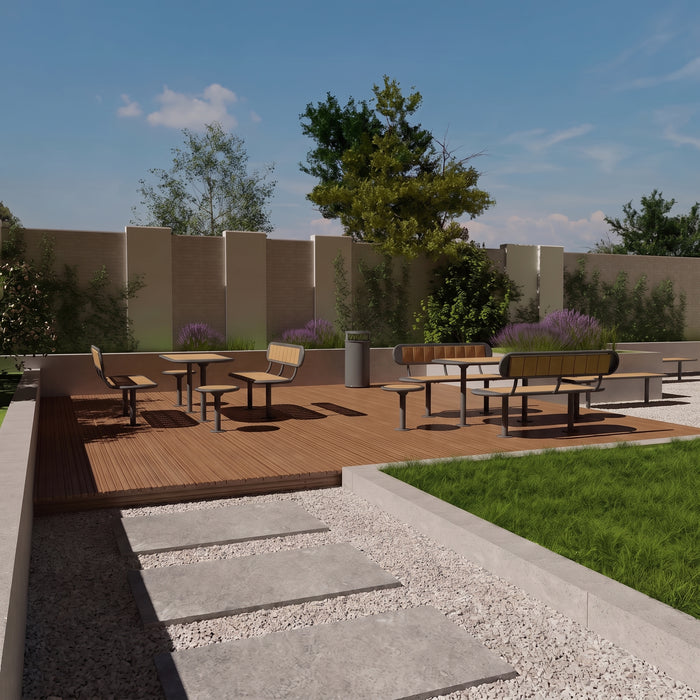 Gewerbefabrik Tisch Roderath Holz Outdoor Stadtmobiliar Grau RAL 7011 Szene